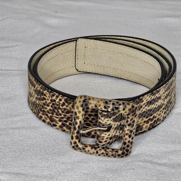 AK Anne Klein Wide Leather Belt Leopard Print Faux Snakeskin Textured Medium - Picture 1 of 5